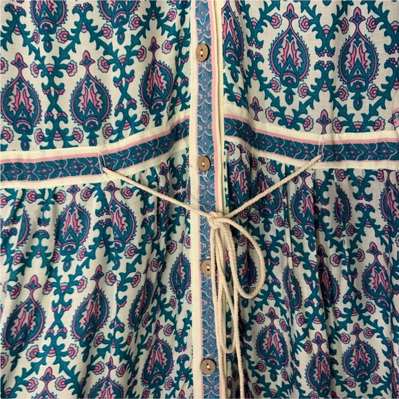 FP To Love Womens V Neck Button Up Midi Dress Medium Blue Pink Drawstring Waist - Picture 4 of 7